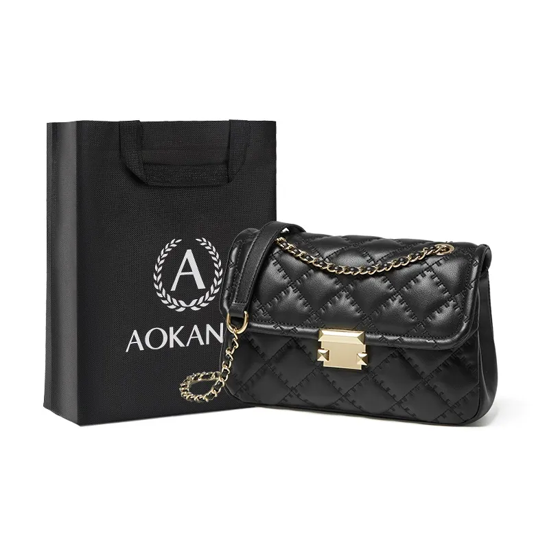 AOKANG Cow Leather Diamond Pattern Chain Bag Shoulder Bag Crossbody Bag Small Square Bag Regular Women's Hepburn Black-0