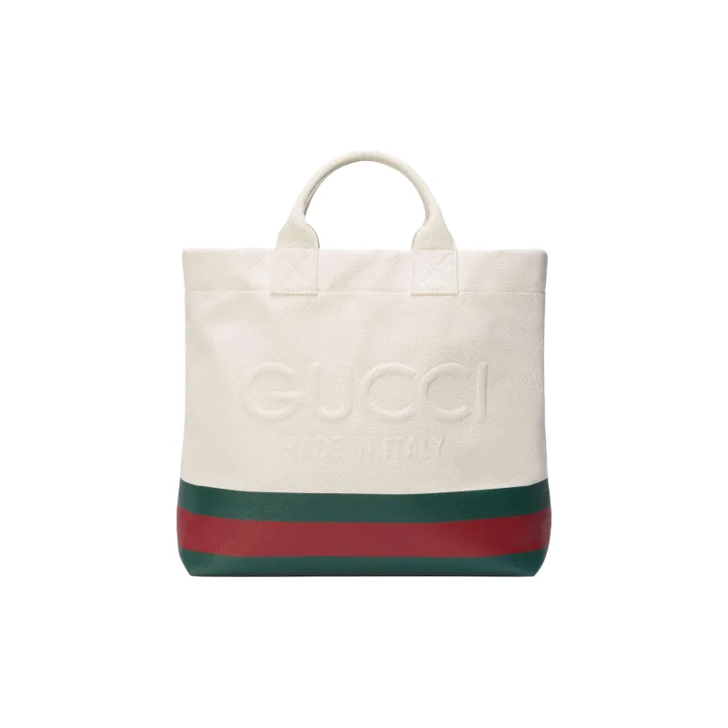 GUCCI Natural Canvas Tote Bag Shopping Bag Shoulder Bag Crossbody Bag Handbag Canvas Bag Medium Size Men's White Green-0