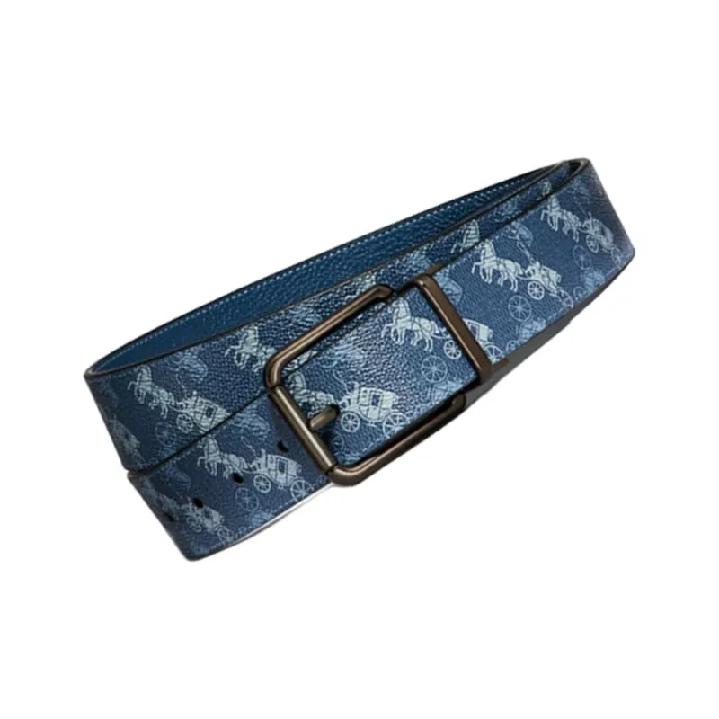 COACH Horse Carriage Pattern Pin Buckle Leather Belts Men's Blue Width: 3.8CM-1