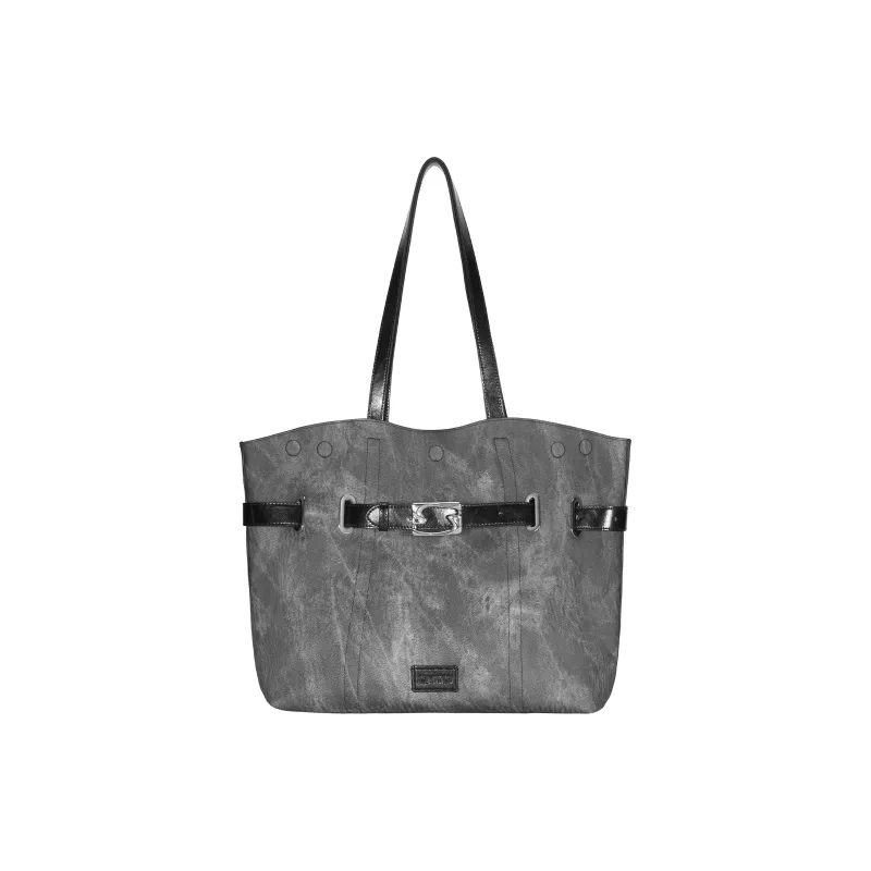 OMTO Split Cow Leather Tote Bag, Shopping Bag, Shoulder Bag Women's Ebony Sauce Gray-4
