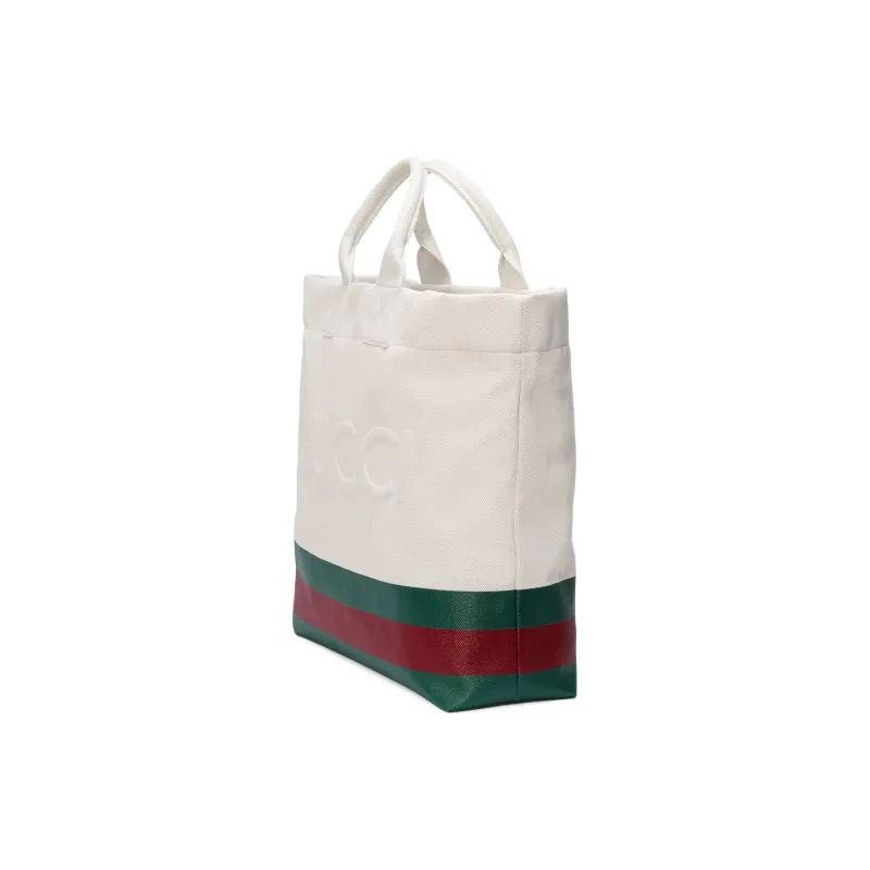 GUCCI Natural Canvas Tote Bag Shopping Bag Shoulder Bag Handbag Canvas Bag Men's Green & White-1