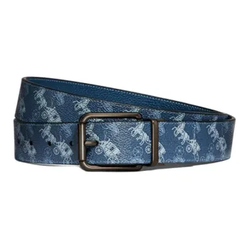 COACH Horse Carriage Pattern Pin Buckle Leather Belts Men's Blue Width: 3.8CM