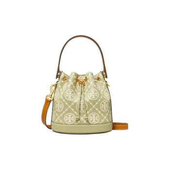 TORY BURCH T Monogram Leather Bucket Bag, Shoulder Bag, Crossbody Bag, Handbag Medium Size Women's Olive Branch