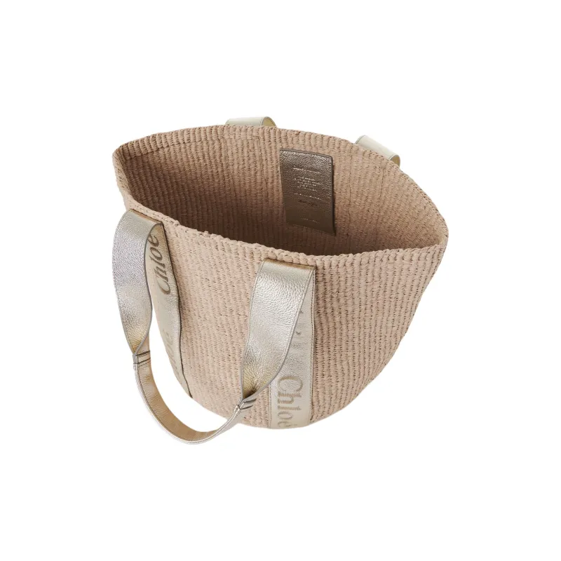 Chloe Woody Calfskin One Shoulder Handbags Large Size Women's Light Gold-3
