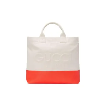 GUCCI Natural Canvas Tote Bag, Shopping Bag, Shoulder Bag, Handbag, Canvas Bag Men's White & Orange