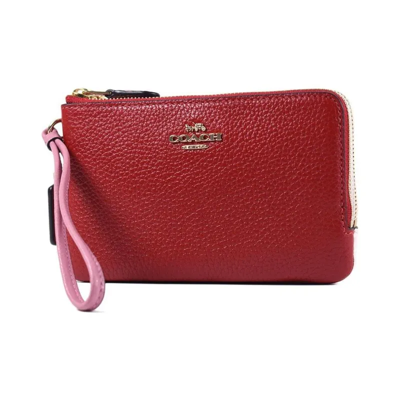 COACH Wristlet Leather Wallet Handheld Wrist Bag Small Size Women's Red & White-1