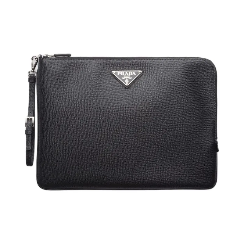 PRADA Leather Clutch Large Size Men's Black-0