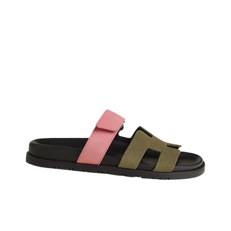 HERMES Chypre Slide Slippers Women's Green Pink-1