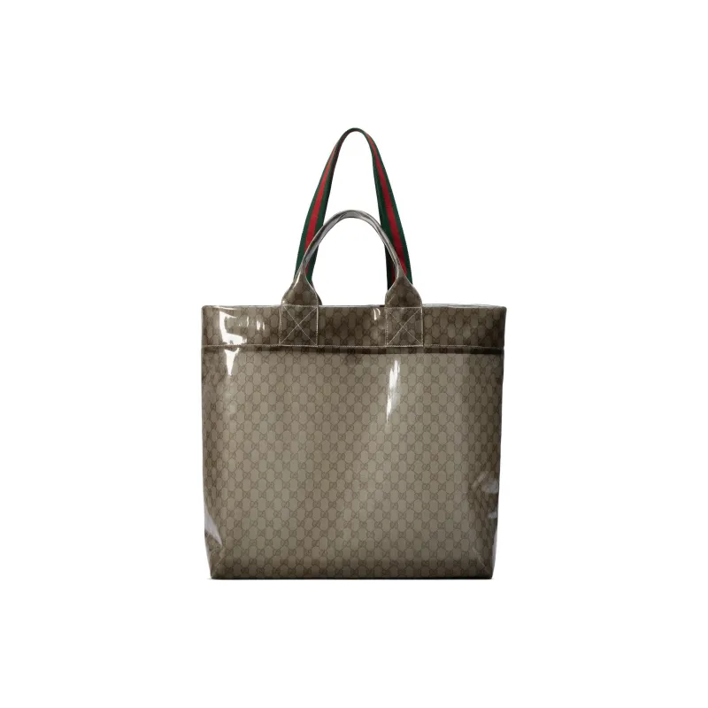 GUCCI Transparent Fabric Tote Bag Shopping Bag Handbag Large Size Men's Beige & Ebony-4