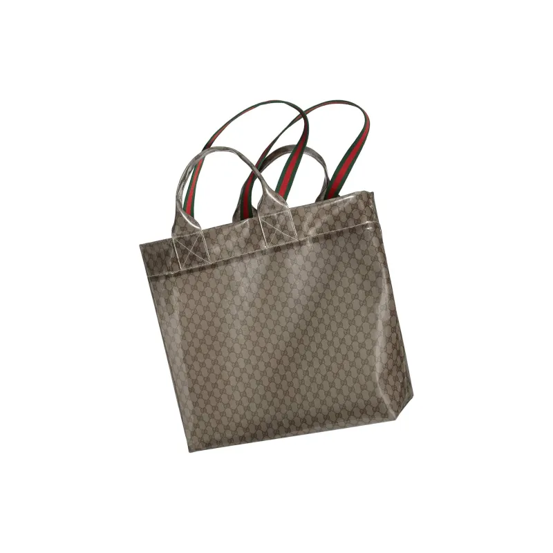 GUCCI Transparent Fabric Tote Bag Shopping Bag Handbag Large Size Men's Beige & Ebony-5