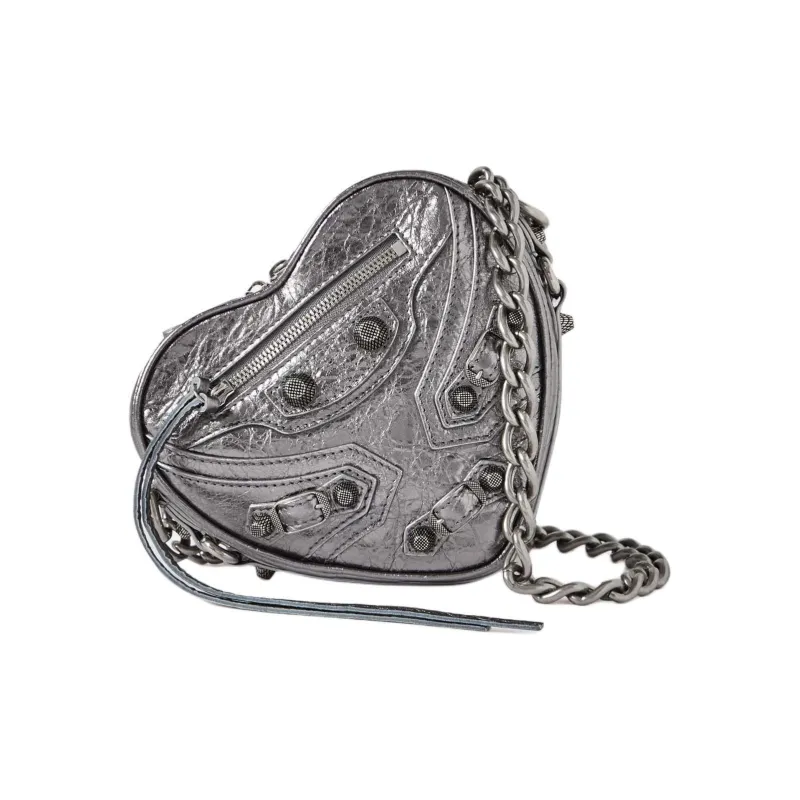 Balenciaga Le Cagole Pleated Leather Heart-Shaped Bag Shoulder Bag Crossbody Bag Mini Women's Silver-0