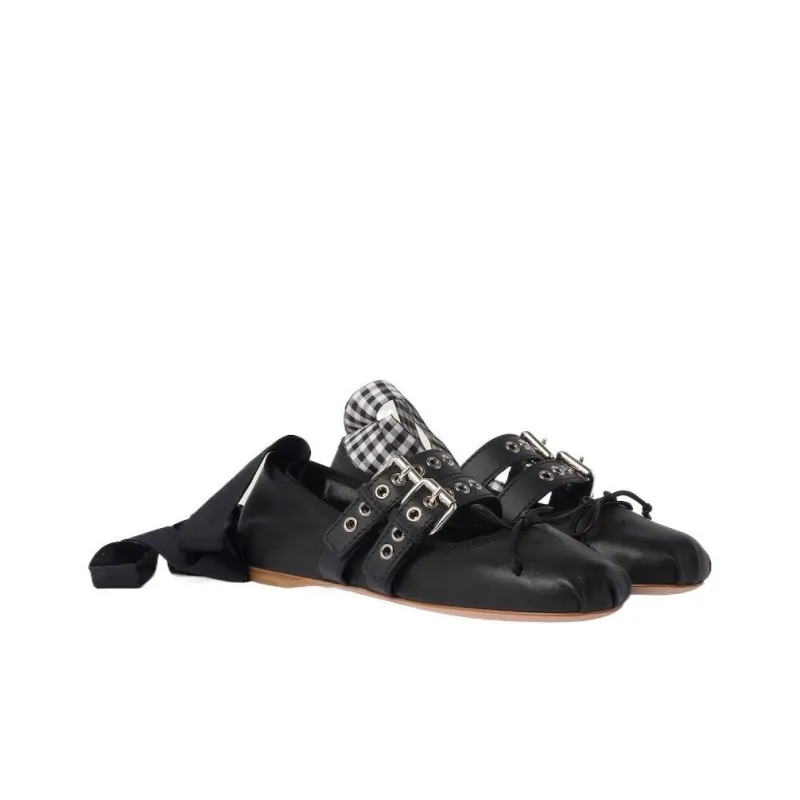 MIU MIU Buckled Leather Ballerina Shoes-2