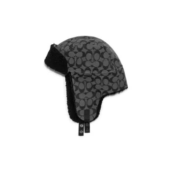 COACH Cotton Acrylic Faux Fur Leather Polyester Trapper Hats Men's Black