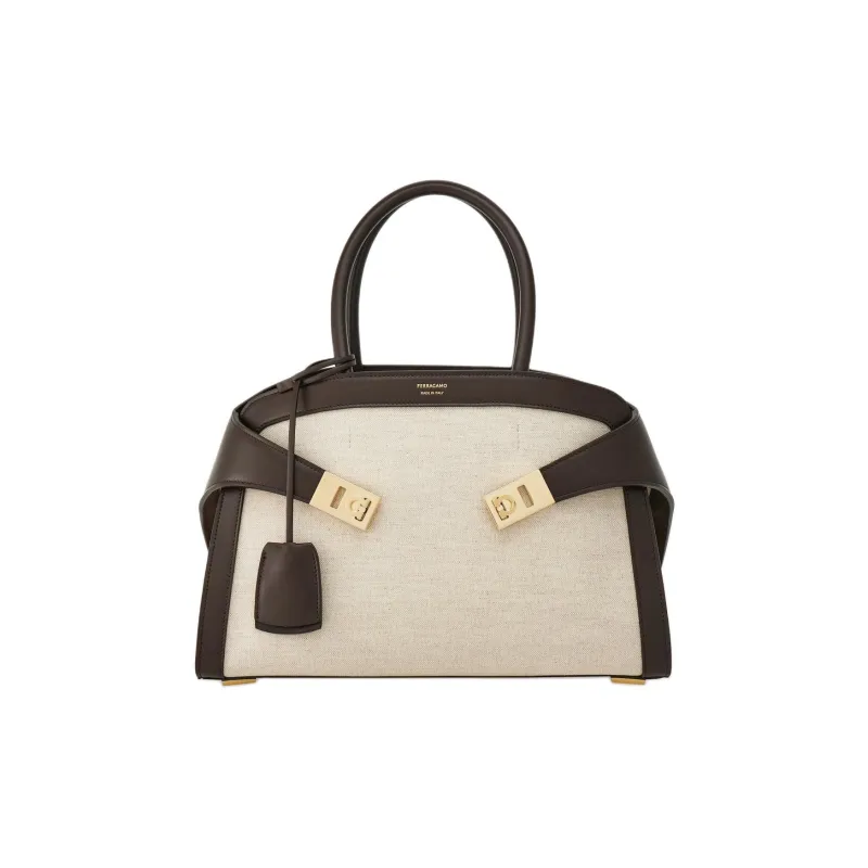 FERRAGAMO Fabric Shoulder Bag Crossbody Bag Handbag Small Size Women's Natural & Dark Brown-0