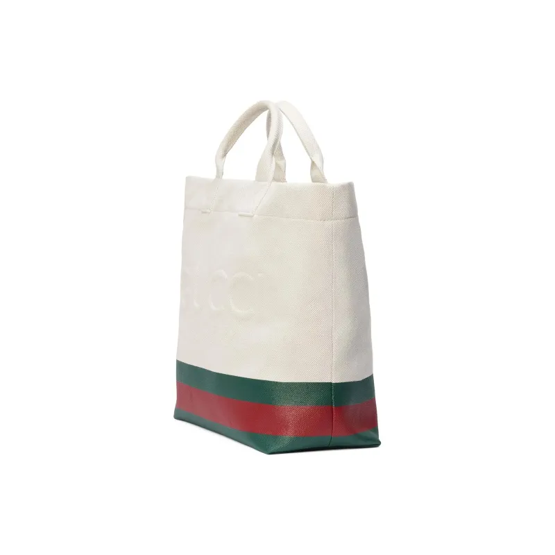 GUCCI Natural Canvas Tote Bag Shopping Bag Shoulder Bag Crossbody Bag Handbag Canvas Bag Medium Size Men's White Green-1