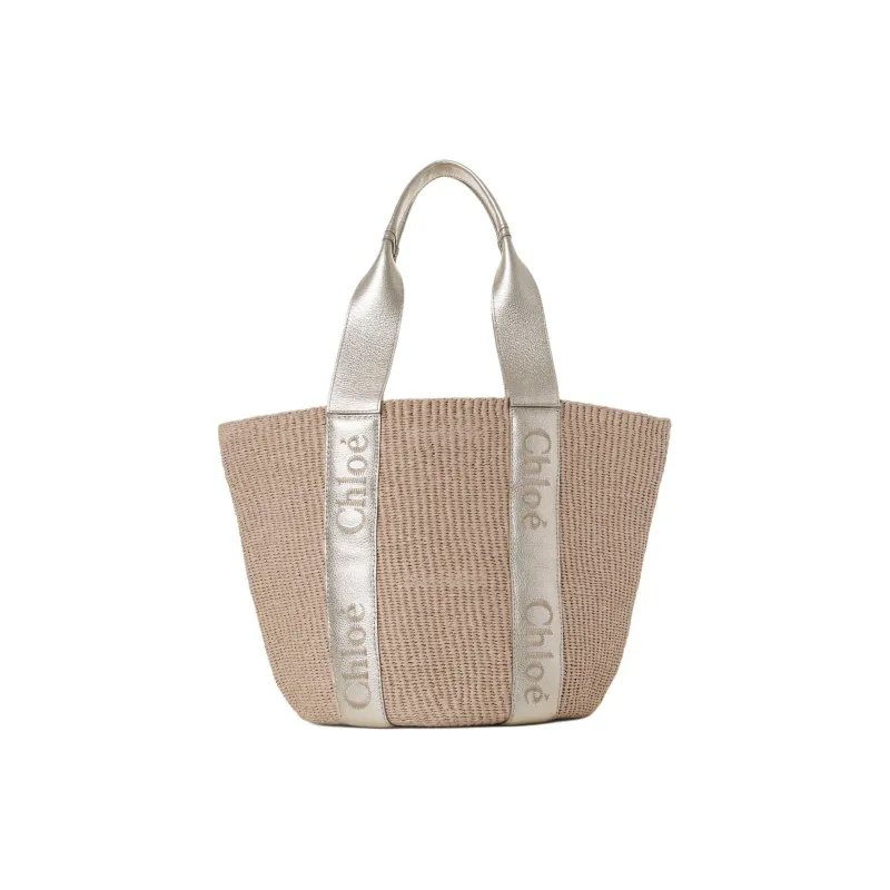 Chloe Woody Calfskin One Shoulder Handbags Large Size Women's Light Gold-0