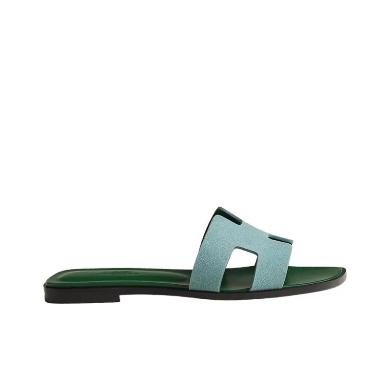 HERMES Oran Sandal Vert D'eau Suede Goatskin-1