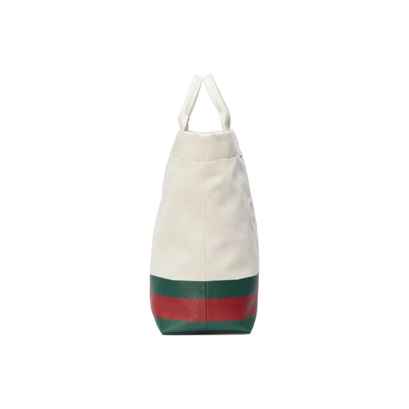 GUCCI Natural Canvas Tote Bag Shopping Bag Shoulder Bag Crossbody Bag Handbag Canvas Bag Medium Size Men's White Green-2