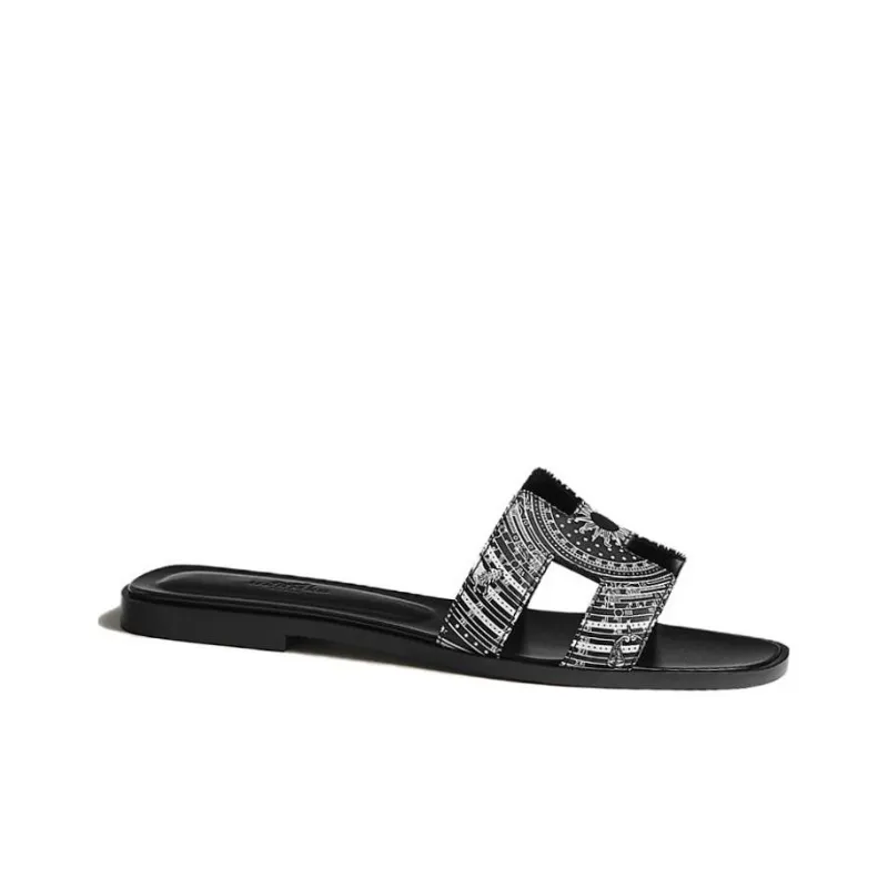 HERMES Oran Slide Slippers Women's Black White-2