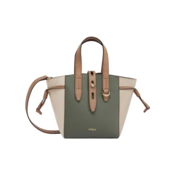 Furla Net Collection Leather Tote Bag Portable Crossbody Bag Shoulder Bag Mini Women's Olive Green With Taupe Accents