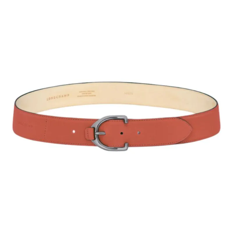 LONGCHAMP Logo Emblem Pin Buckle Leather Belts Women's Brown Red Width: 4CM-0