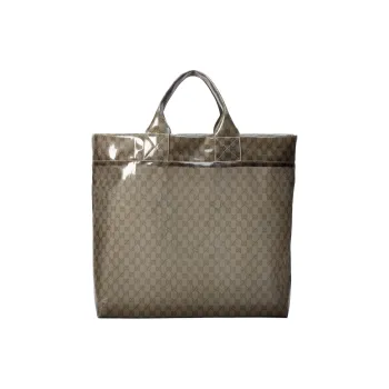 GUCCI Transparent Fabric Tote Bag Shopping Bag Handbag Large Size Men's Beige & Ebony