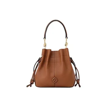 FION Cow Leather Bucket Bags Shoulder Bag Crossbody Bag Handbag Medium Size Women's Caramel Brown