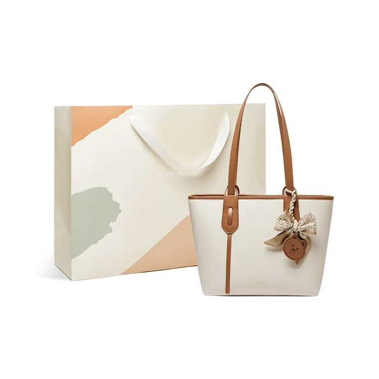 15 MINS Genuine Leather Tote Bag Shopping Bag Handbag Shoulder Bag Large Size Women's Cheese White/Honey Tea Brown-6