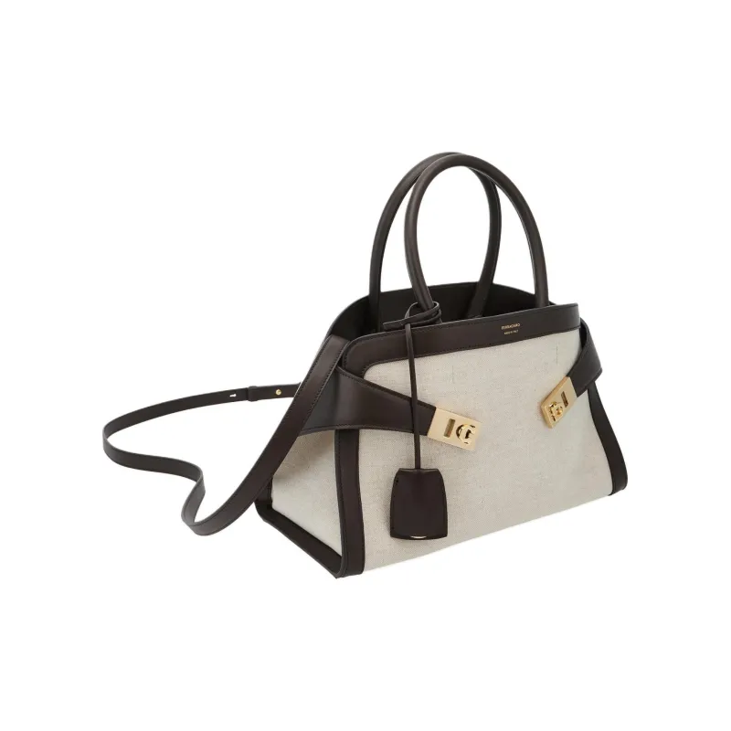 FERRAGAMO Fabric Shoulder Bag Crossbody Bag Handbag Small Size Women's Natural & Dark Brown-1