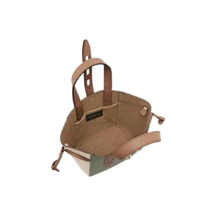 Furla Net Collection Leather Tote Bag Portable Crossbody Bag Shoulder Bag Mini Women's Olive Green With Taupe Accents-4