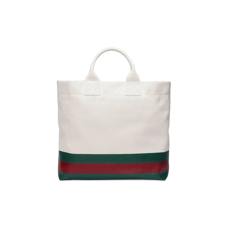GUCCI Natural Canvas Tote Bag Shopping Bag Shoulder Bag Handbag Canvas Bag Men's Green & White-3