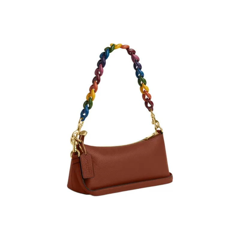 COACH Charlotte Refined Pebbled Leather Baguette Bag Handbag, Shoulder Bag Women's Gold & Redwood Multicolor-1