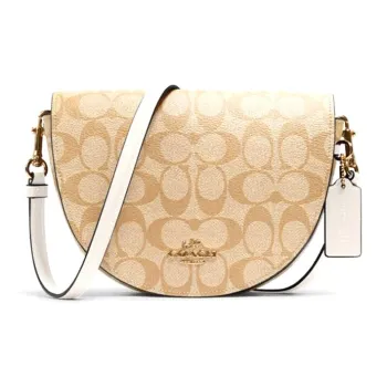COACH Ellen Canvas With Leather Saddle Bag, Shoulder Bag, Crossbody Bag Small Size Women's White & Khaki