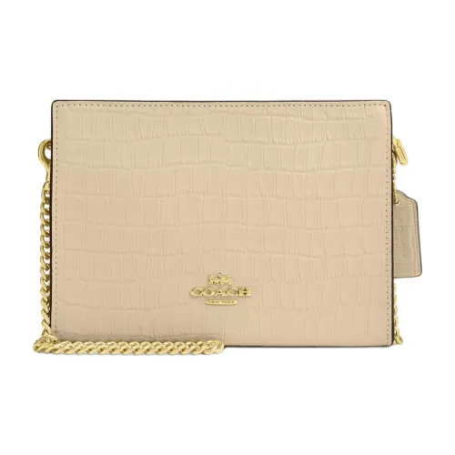 COACH Crocodile Embossed Leather Shoulder Bag, Crossbody Bag Trumpets Women's Gold With Ivory