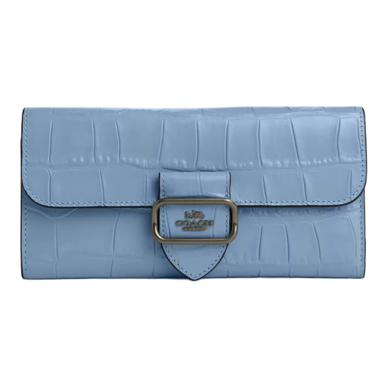 COACH Morgan Crocodile Embossed Leather Clutch Coin Purse Wallet Small Size Women's Bronze With Cornflower Pattern-0