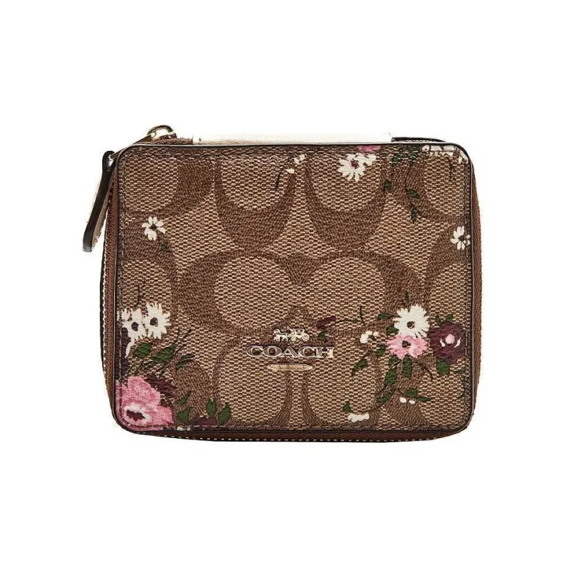 COACH Boxed Canvas With Leather Zip Closure Jewelry Box With Mirror Gift Box Set Storage Box Women's Brown-2