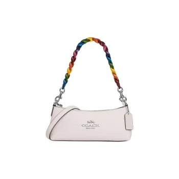 COACH Charlotte Refined Pebbled Leather Baguette Bag Handbag, Shoulder Bag Women's Silver & Chalk Multicolor