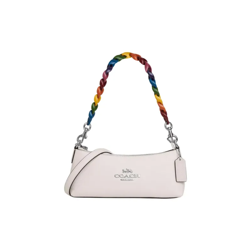 COACH Charlotte Refined Pebbled Leather Baguette Bag Handbag, Shoulder Bag Women's Silver & Chalk Multicolor-0