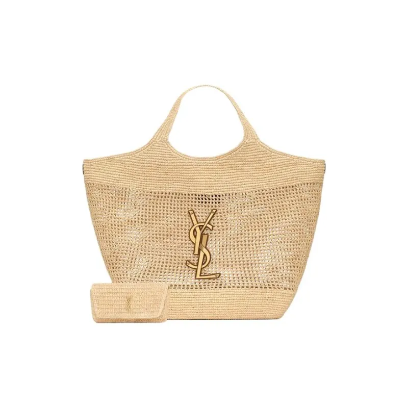 SAINT LAURENT Raffia Fiber & Calfskin & Brass Handbag Extra Large Women's Natural Gold & Palm Gold-2