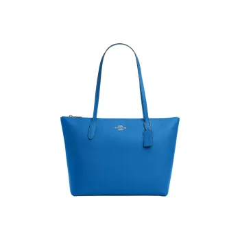 COACH Zip Top Tote Cross Grain Leather Tote Bag, Shopping Bag, Shoulder Bag, Handbag Mini Women's Silver & Bright Blue