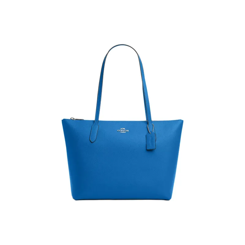 COACH Zip Top Tote Cross Grain Leather Tote Bag, Shopping Bag, Shoulder Bag, Handbag Mini Women's Silver & Bright Blue-0