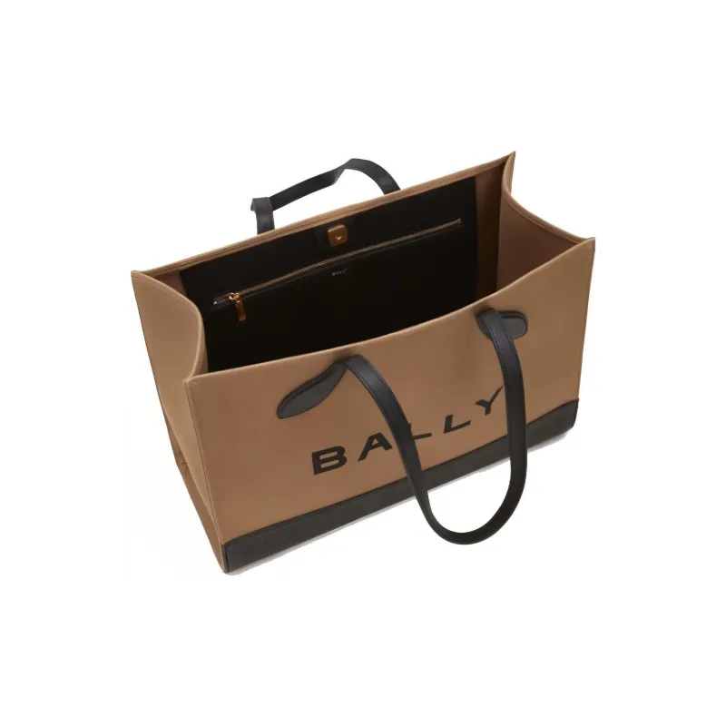 BALLY Fabric With Cow Leather Tote Bag, Shopping Bag, Shoulder Bag, Crossbody Bag, Handbag Tubas Women's Sand & Black-3