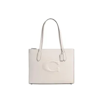 COACH Calfskin Tote Bag Shopping Bag Shoulder Bag Handbag Large Size Women's Silver & Chalk White