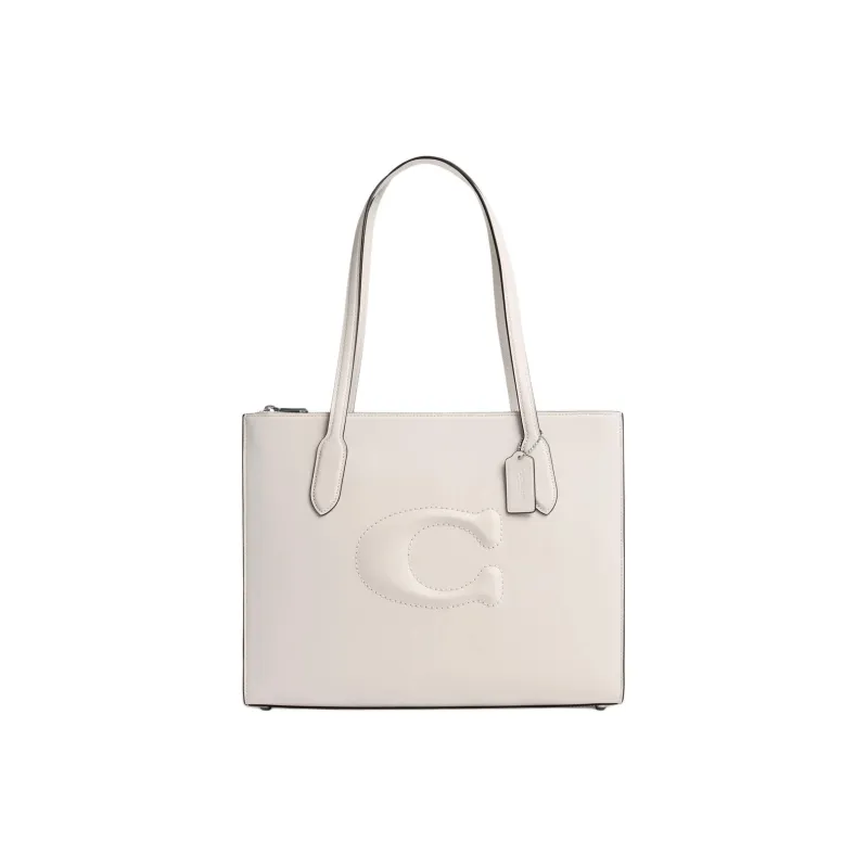 COACH Calfskin Tote Bag Shopping Bag Shoulder Bag Handbag Large Size Women's Silver & Chalk White-0