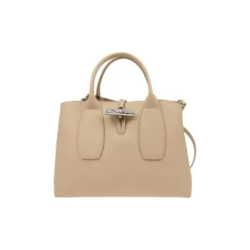 LONGCHAMP Roseau Cow Leather Big Bag Crossbody Handbag Medium Size Women's Sand Gray