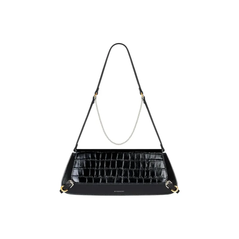 Givenchy Voyou Crocodile Pattern Embossed Leather, Calfskin Shoulder Bag Small Size Women's Black-0