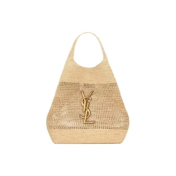 SAINT LAURENT Raffia Fiber & Calfskin & Brass Handbag Extra Large Women's Natural Gold & Brown Gold