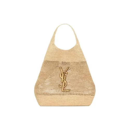 SAINT LAURENT Raffia Fiber & Calfskin & Brass Handbag Extra Large Women's Natural Gold & Brown Gold