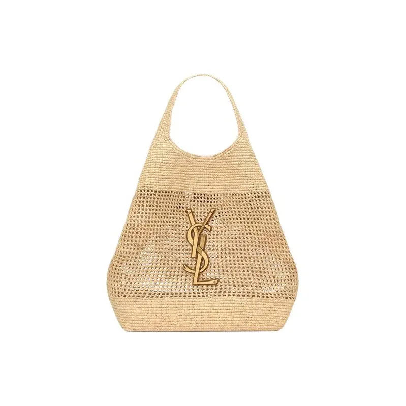 SAINT LAURENT Raffia Fiber & Calfskin & Brass Handbag Extra Large Women's Natural Gold & Palm Gold-0