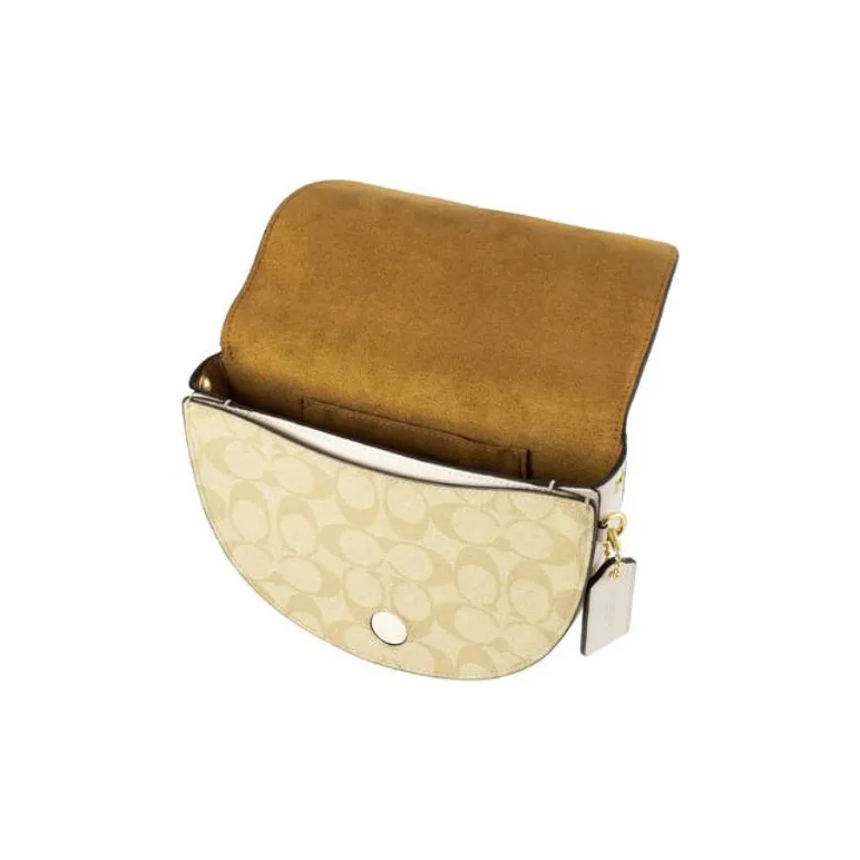 COACH Ellen Canvas With Leather Saddle Bag, Shoulder Bag, Crossbody Bag Small Size Women's White & Khaki-3